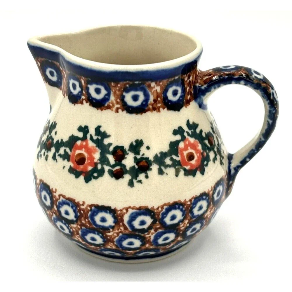 Polish Pottery Blue Rose Creamer & Sugar Bowl Artisan Made U-3/47 Signed Labeled